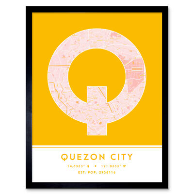 Quezon City Philippines City Map Typography Framed Wall Art Print 12x16 In