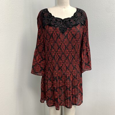 NWT Catherines Tunic Top Women's 1X Red Black Accordion Pleat Floral Stretch