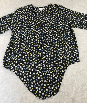 Popsugar womens Blouse Black & Blue Floral Long Sleeve Button Up Knot Front XL
