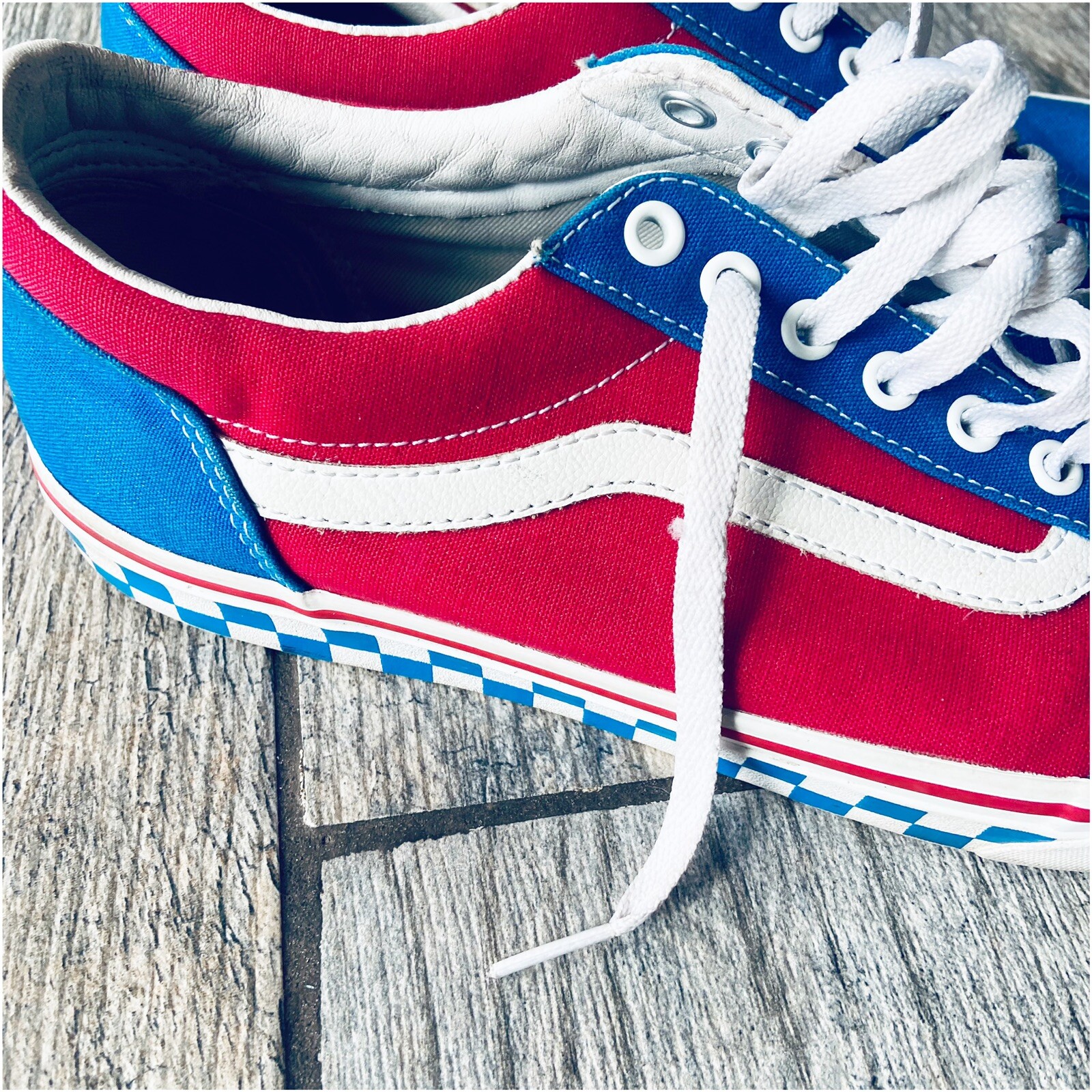 red white blue checkered vans
