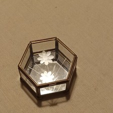 Vintage Etched Glass And Brass Jewelry Box, Coins, Trinkets, Vanity Mirrored...