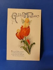 Antique 1915 VALENTINES DAY Postcard GOLDEN MEMORIES Cherubs In Tulips