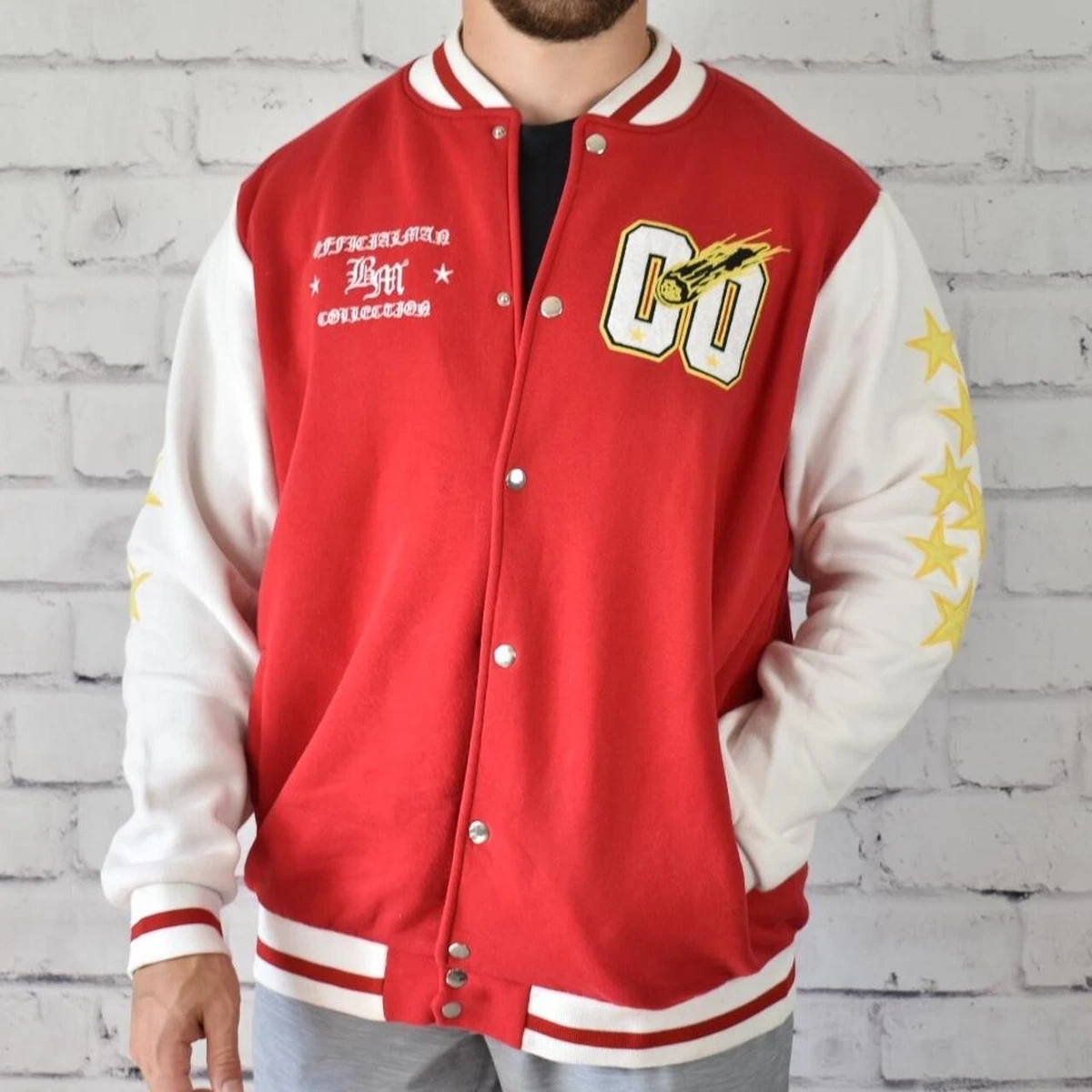 BoohooMAN Plus Red and White Cotton Jersey Bomber Varsity Jacket with Badges