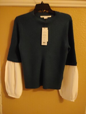 Veronica Beard. Mixed Media Tucci Blue Sweater Wool Silk White Long Sleeves SZ M