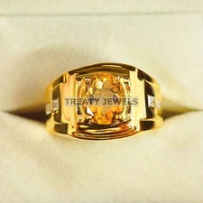 Citrine Oval Cut With 925 Sterling Silver Gold Plated Ring For Men's #A939