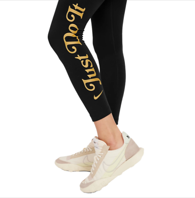 Nike Women's Black Gold Just Do It High Rise Leggings Size Medium RRP £44.99