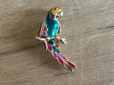Colorful Parrott Pin Brooch Enameled Metal On Perch Unbranded Brass Tone