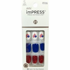 NUEVO Kiss Nails Impress Press On Manicura Gel Corto Rojo Blanco Azul Bandera Corazón