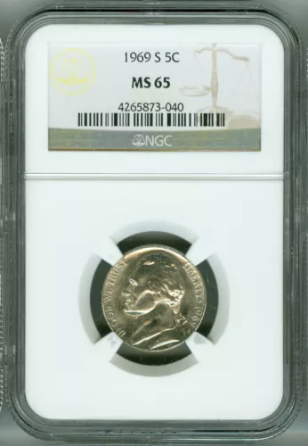 1969 S NGC MS65 JEFFERSON NICKEL, BUSINESS STRIKE, LOW POP BEAUTY!