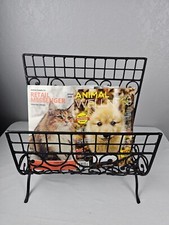 Vtg Wrought Iron Magazine Rack Record Album Wood Books Decorative Stand Holder
