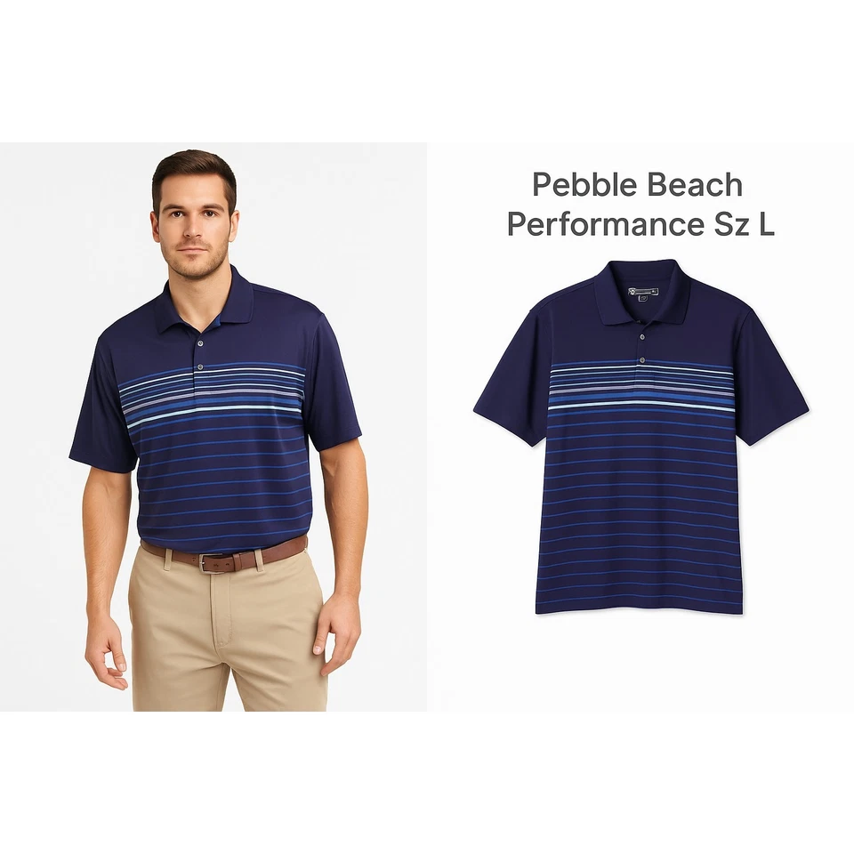 Pebble Beach Performance Golf Polo Sz L Navy Blue Stripe - Image 2 of 4