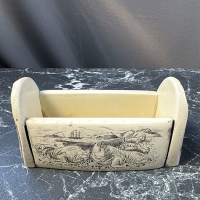 Vintage Faux Scrimshaw Card Holder Business Alaska Animals Walrus Comoy s London