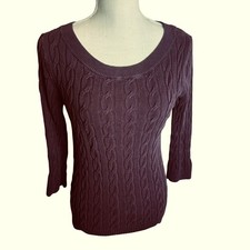 Ann Taylor LOFT brown Cable Knit Sweater Scoop Neck 3/4 Sleeve Cotton Medium