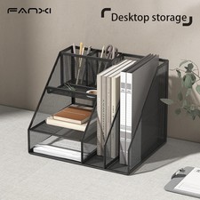 Metal Mesh Desk Organizer 3 Tier Letter Tray 2 Pen Holders File Sorter Black