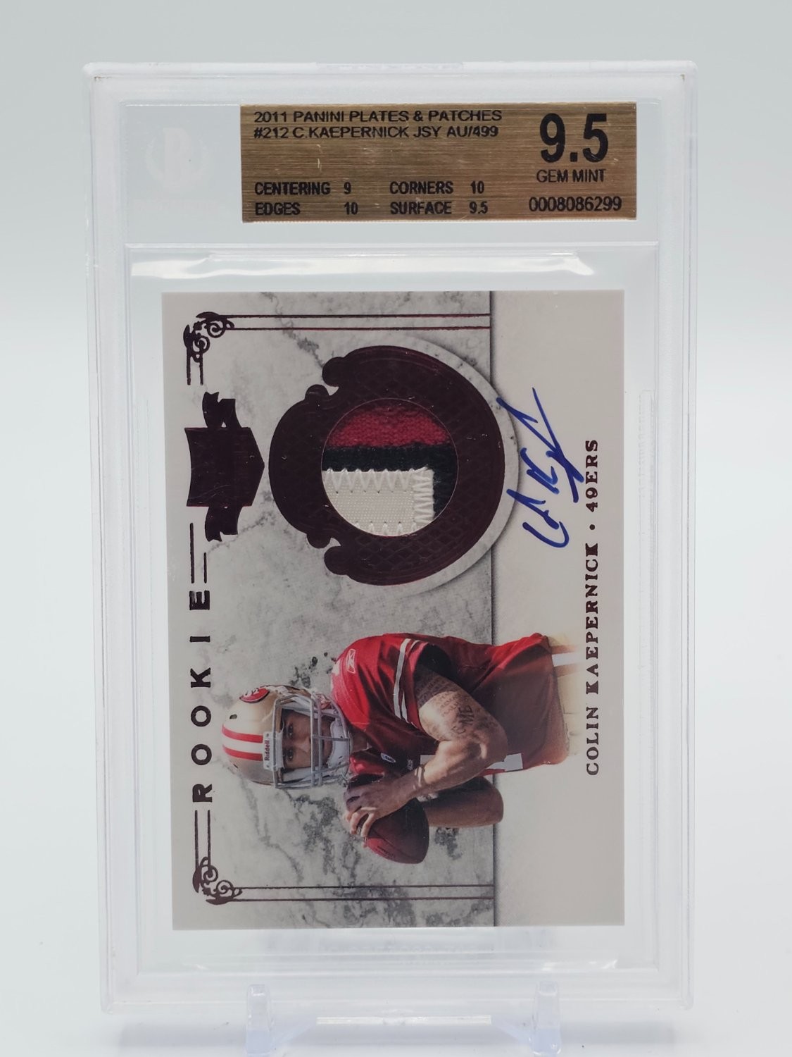 COLIN KAEPERNICK 2011 PLATES & PATCHES RPA ROOKIE PATCH AUTO /499  BGS 9.5 Q4723