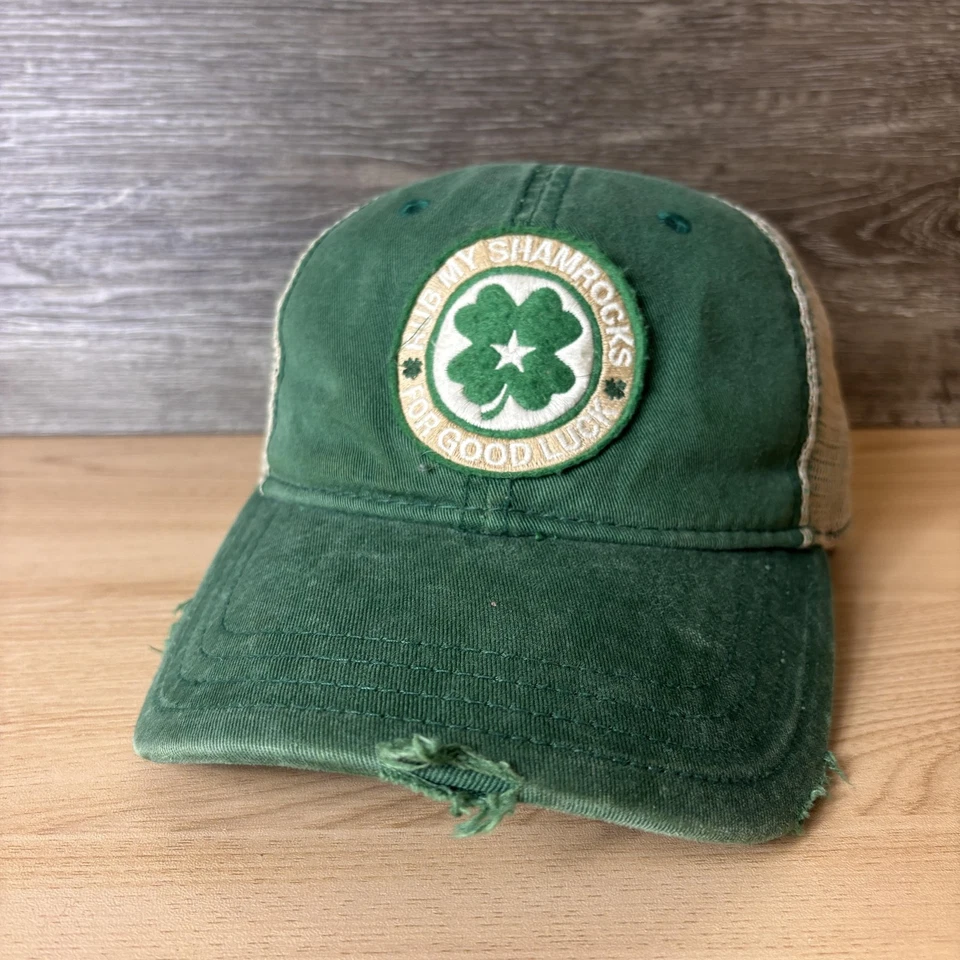 Rub My Shamrocks 帽子 Snap Back 绿色米色卡车司机网眼男式圣帕特里克节 — 第 3/4 张图片