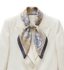 New Elegant Bandana Square Silky Scarf Blue Flowers Garden Versatile Shawl Wrap