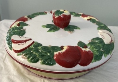 Baum Bros Style Eyes Pie Keeps Apple Pie Dish & Lid   Vintage Multicolor Ceramic