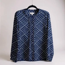 Banana Republic Shirt Womens Medium Blue White Geometric Grid Sheer Blouse