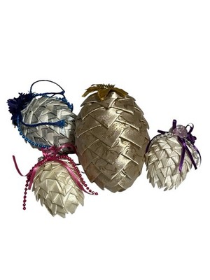 Handmade Folded Ribbon Pinecone Ornaments Set of 4 Christmas Tree Decor Holiday