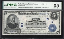 1902 $5 Philadelphia, PA Charter #1 National Bank Note PMG 35 Pennsylvania i2625