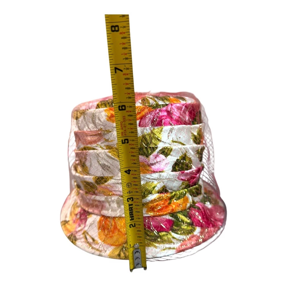 Elegante sombrero de iglesia de malla floral para mujer años 50 velo de encaje rosa naranja verde flores Foto 4 de 4