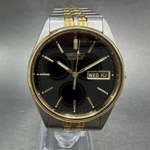 Seiko Watch Men 35mm Black Dial Two Tone Daydate Round 7N43-7A59 New Battery