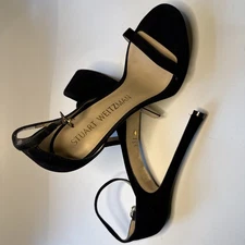Stuart Weitzman Sandals Heels Black Patent Letters Platform Designer Size 10B