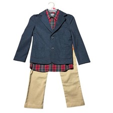 Wonder Nation Boys 3 Piece Suit Dress Set Navy Blazer Plaid Khaki Pants Size 4