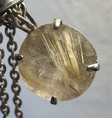 Delicate Nat. Rutilated Quartz 14 K White Gold Pendant 925 Silver Necklace 18 In