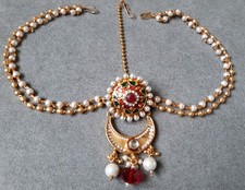 Maang Tikka Gold Tone, Red, green Colour, Clear Rhinestone & Pearl Effect Beads