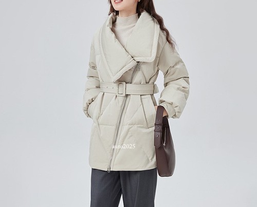 White Duck Down Lapel Collar Jacket Womens Slim Down Belted Retro Warm Jackets - Picture 13 of 25