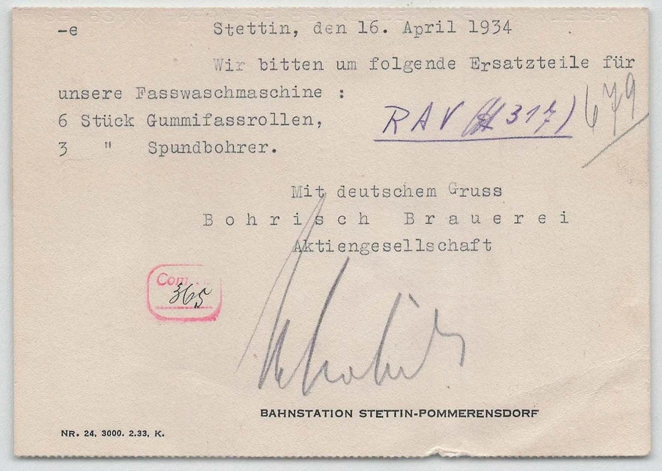 D. Reich Freistempel-Beleg STETTIN 1934 Bohrisch Brauerei [533] - Bild 2 von 2