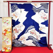 Japanese Kimono 'KIMONO,OBI Set' Silk/Blue/Flower/Shibori/Length:167cm N581