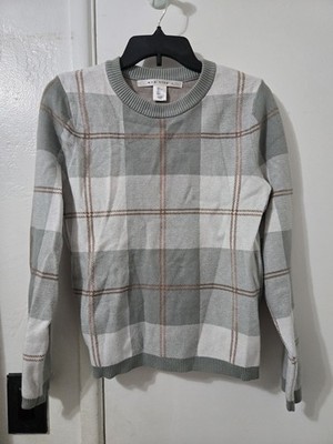 Women's Large L Max Studio Plaid Fall Soft Sweater Green White Ling Sleeve