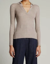 $790 Gabriela Hearst Womens Brown Tano Collar V-Neck Rib Cashmere-Silk Polo Sz M