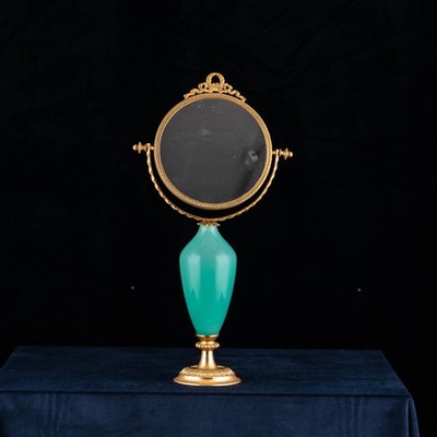 Vintage French Green Blue Opaline Glass Ormolu Mounts Table Vanity Mirror
