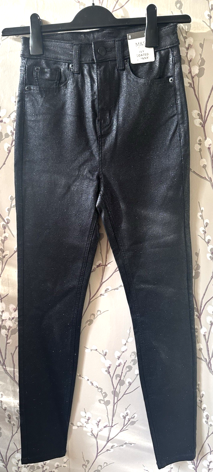 New M&S Marks & Spencer UK8L black sparkly Ivy skinny ankle grazer stretch jeans