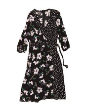 NEXT Womens 3/4 Sleeve Wrap Dress UK 12 Medium Black Floral Viscose CL56