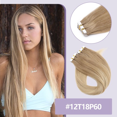 UK CLEARANCE 40PCS Thick Tape In Remy Human Hair Extensions Skin Weft Highlight# - Picture 47 of 63