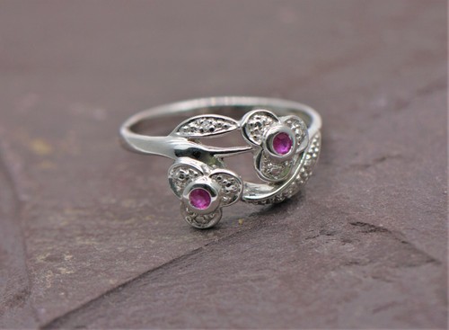 Sterling Silver 925 Natural Ruby & Diamond Flower Petal Twist Ring Size M - Picture 3 of 9