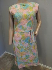 VTG 50's Pastel Floral Watercolor Barkcloth Feel Pinup Easter Hourglass Dress
