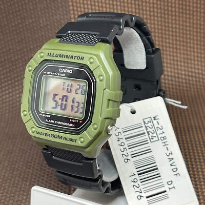 Casio W-218H-3A Green Digital Black Resin Illuminator Unisex
