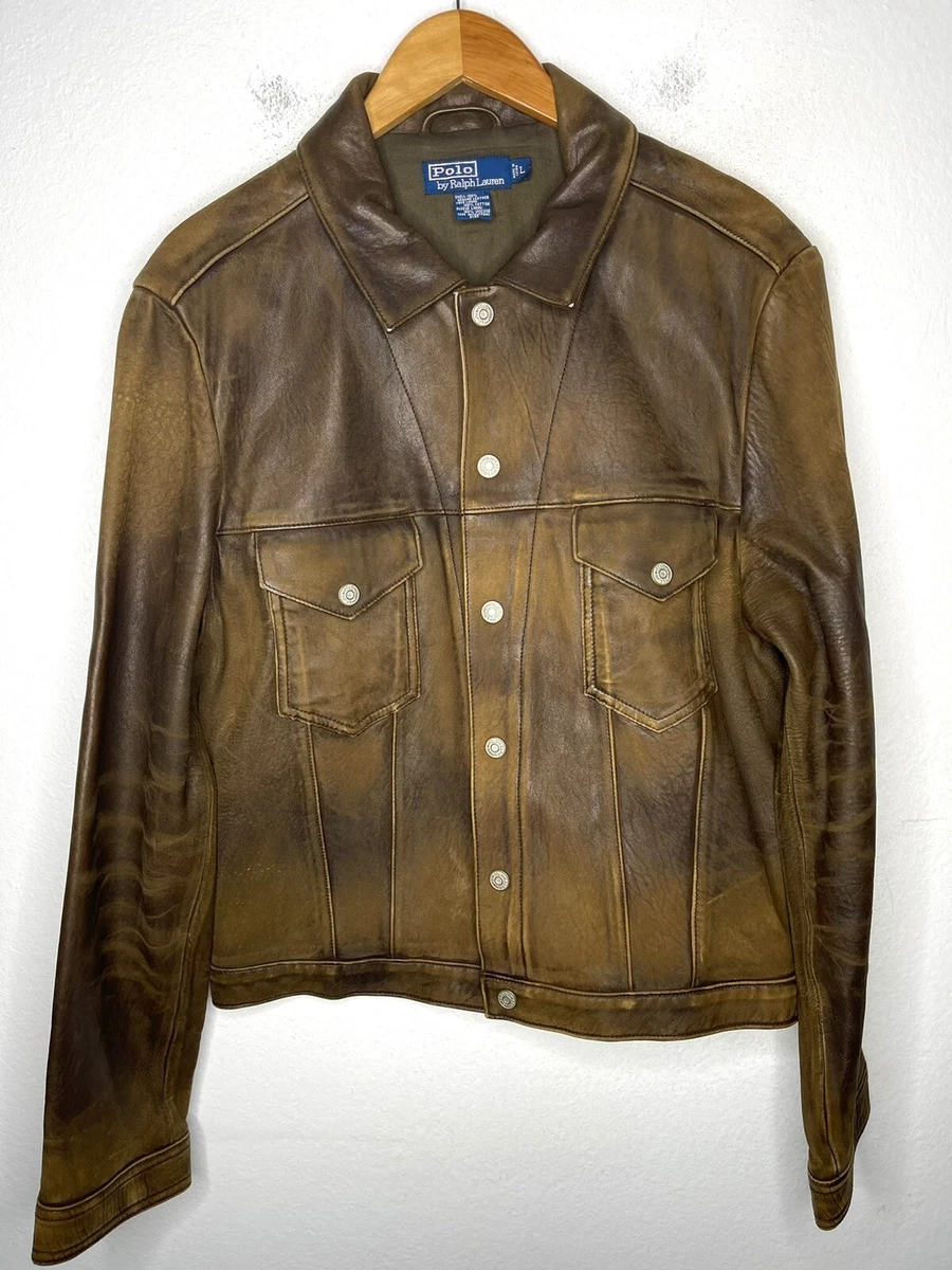 Polo Ralph Lauren Large Brown Leather Trucker Jacket RRL VtG XL Type 3 Western