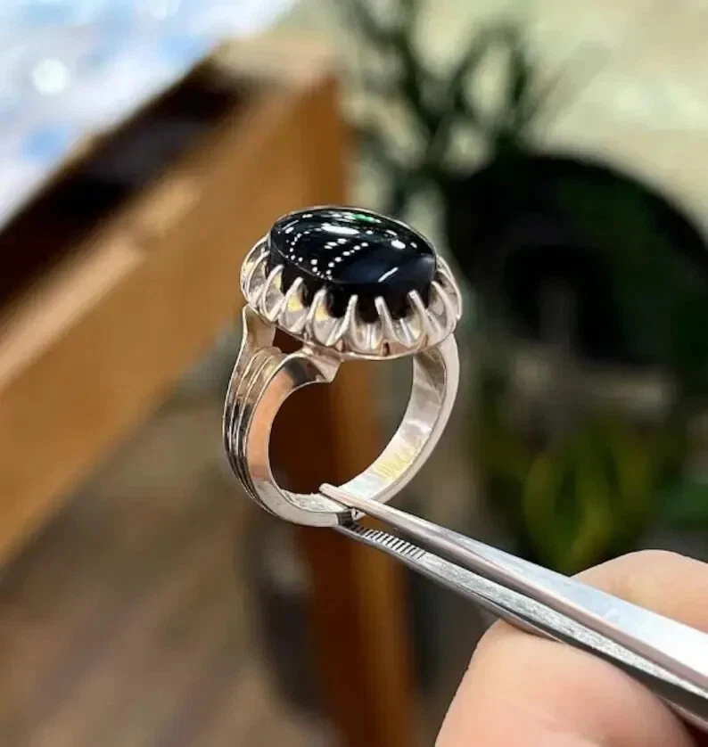 Anillo de ágata negra real de plata de ley 925 hecho a mano de ágata negra de alta calidad Foto 2 de 4
