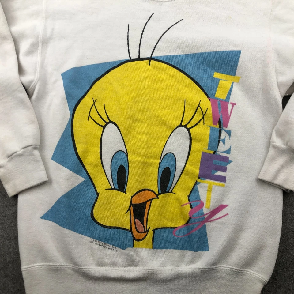 Sudadera De Colección Looney Tunes Para Hombre Mediana Blanca Piolín Pájaro Gráfico Años 90 * Foto 2 de 4