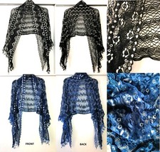 Ladies Rectangular 25" X 56" Scarf/ Wrap Black or Dark Teal /Silvery Lace Border