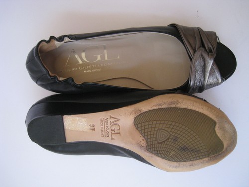 AGL BLACK - GRAY METALLIC LEATHER WEDGE PEEP TOE FLATS US 7 EUR 37 HOT ITALY - Picture 10 of 10