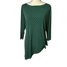 Chicos Travelers Collection Blouse Womens 2 Green Black Trellis Print Asymmetric
