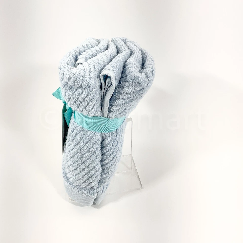 Martha Stewart 2 件套浴室棉手巾速干条纹全新蓝色 — 第 3/4 张图片